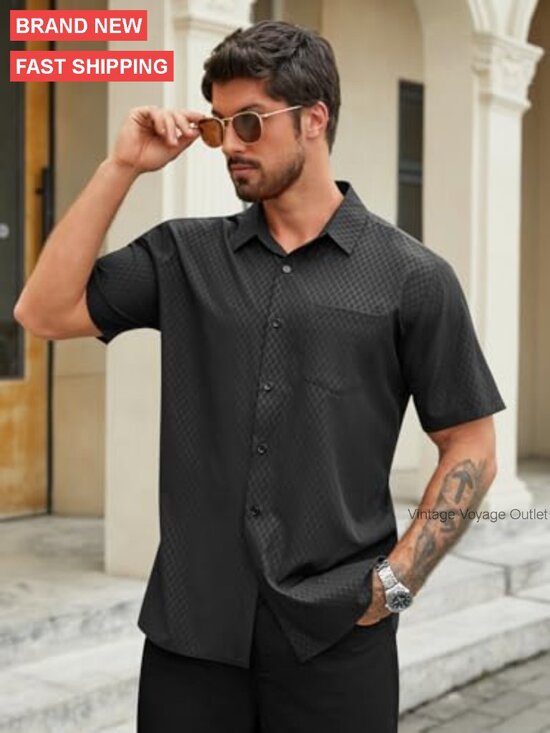 Men's Short Sleeve Button Down Shirt Stretch Business Casual Diamond Print - Picture 3 of 6